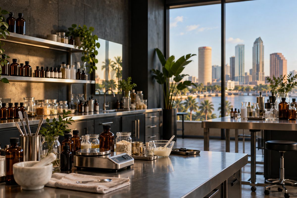 Skincare evaluation studio interior with stainless steel benches and amber bottles in Tampa