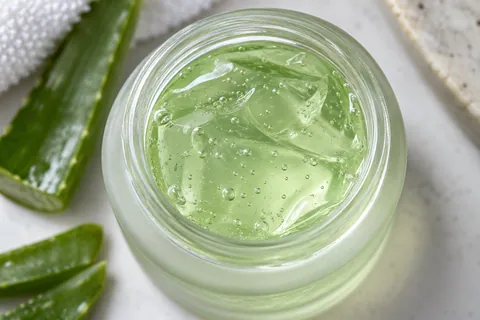 Frosted glass jar containing translucent pale green centella soothing gel
