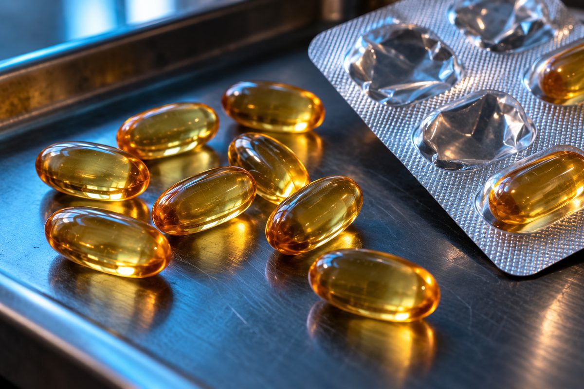Golden-amber collagen softgels beside a silver blister pack on dark anodized metal