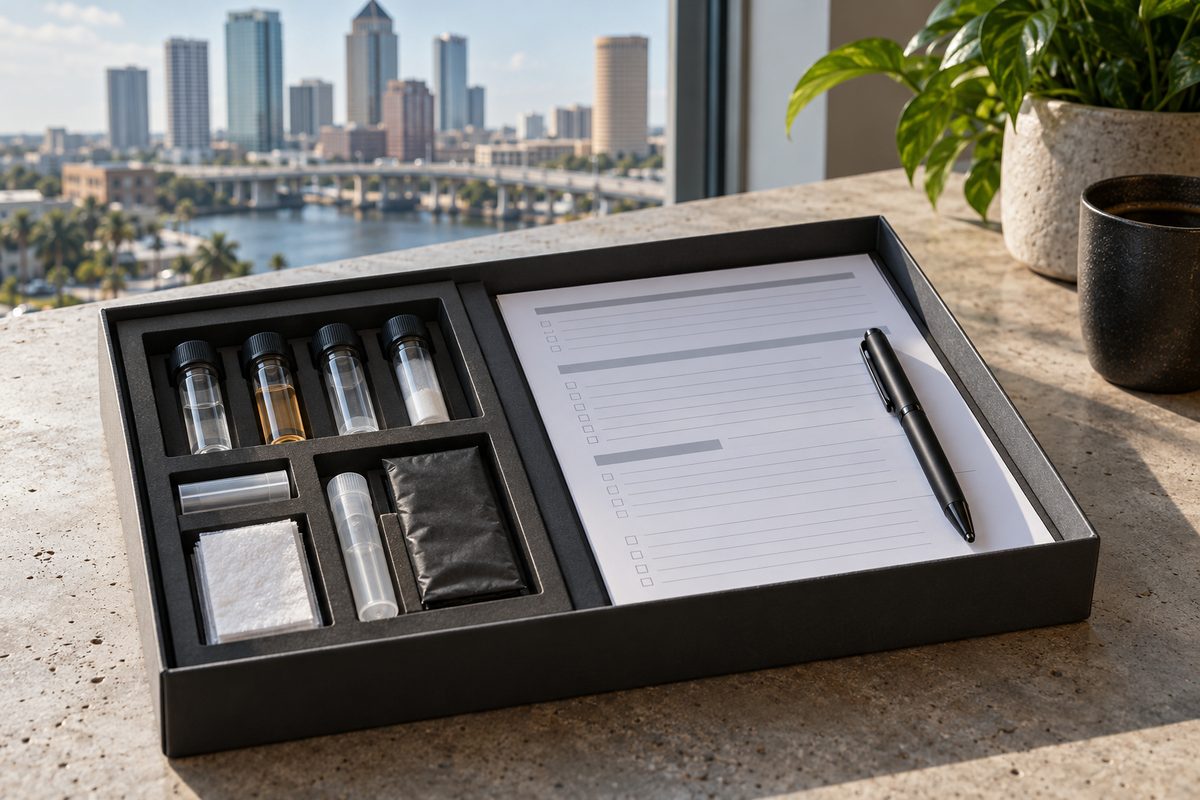 Charcoal consultation dispatch kit with formulation vials and inquiry documents on concrete