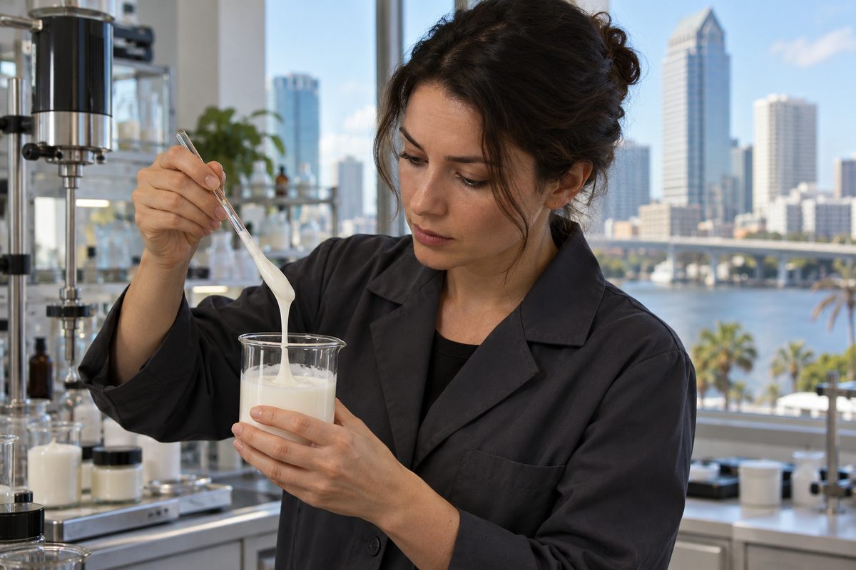 Product manager Irina Petrova evaluating emulsion viscosity in a laboratory beaker