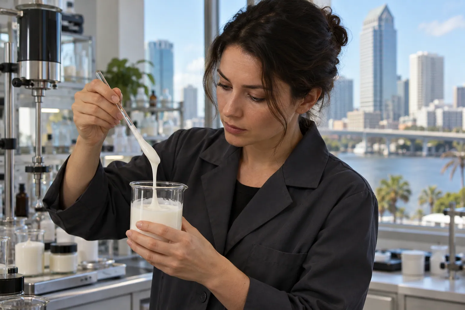 Product manager Irina Petrova inspecting cosmetic emulsion viscosity in Tampa laboratory