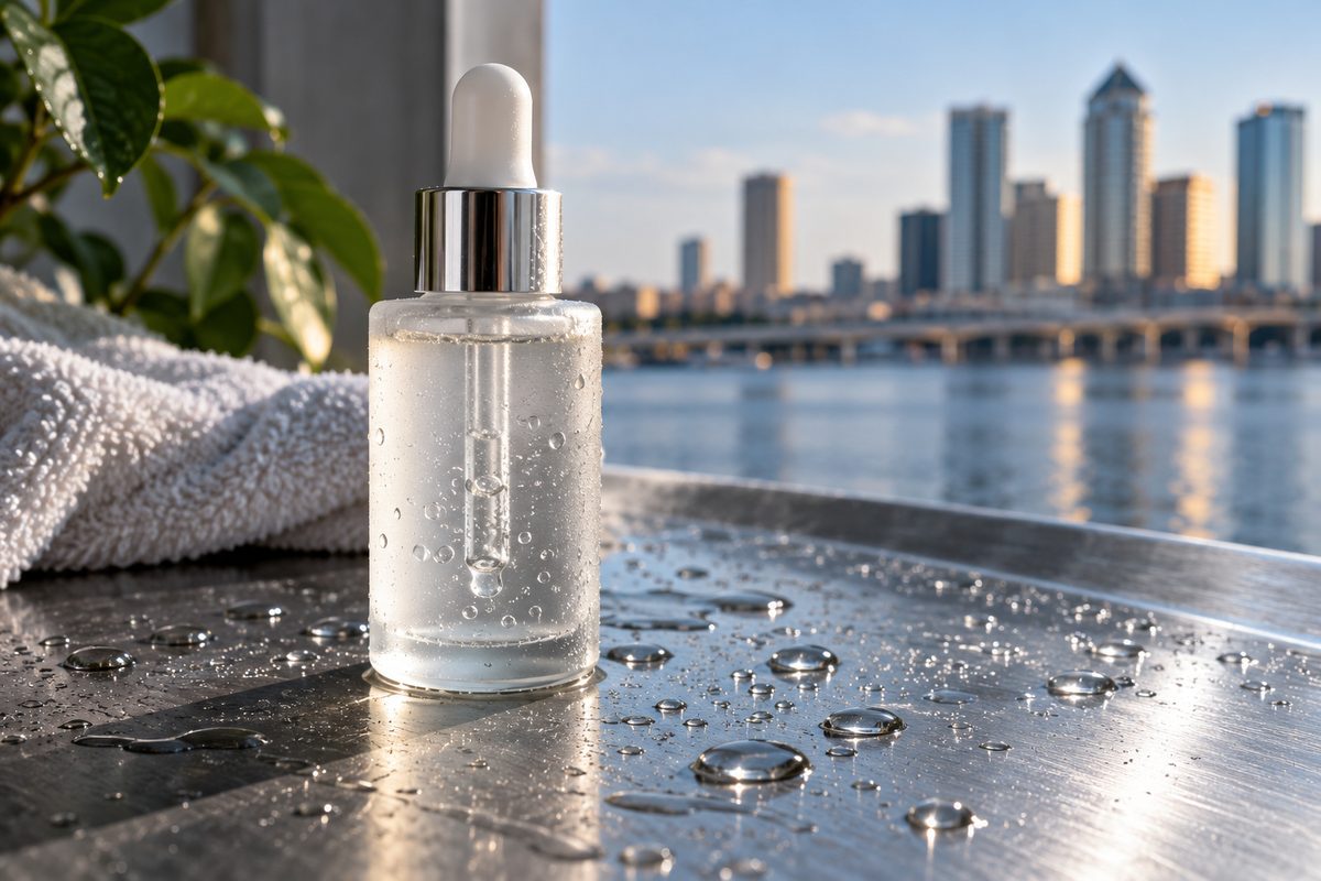 Frosted glass hyaluronic serum bottle resting on brushed steel with fine moisture condensation