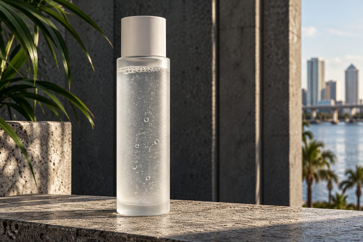 Tall frosted bottle of micellar cleansing solution against dark concrete