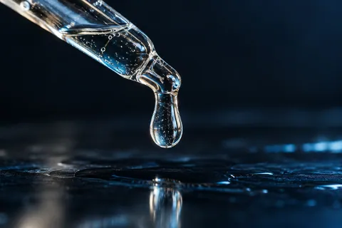 Clear active serum droplet hanging from a glass pipette over a dark midnight ground