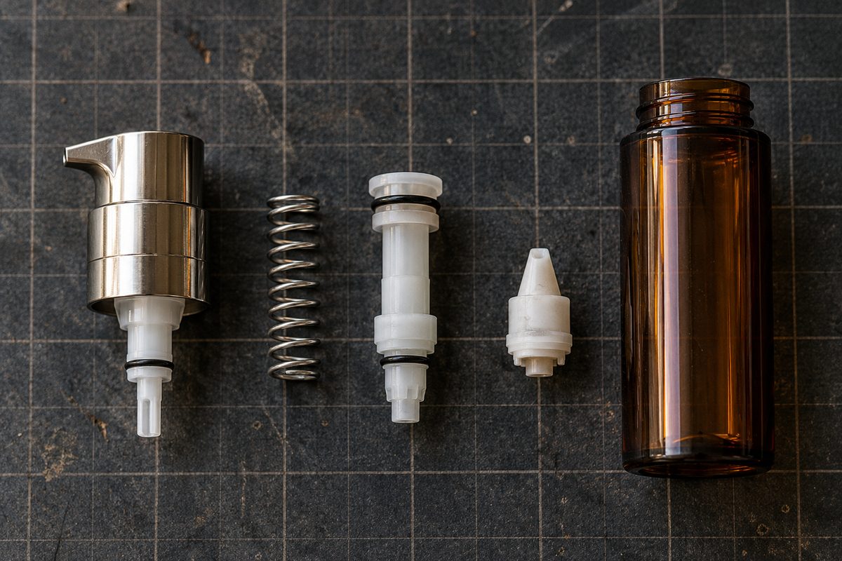 Technical layout of disassembled airless cosmetic pump hardware on industrial grid paper