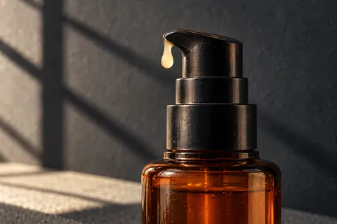 Dark amber airless pump dispenser showing pale golden night emulsion on the nozzle