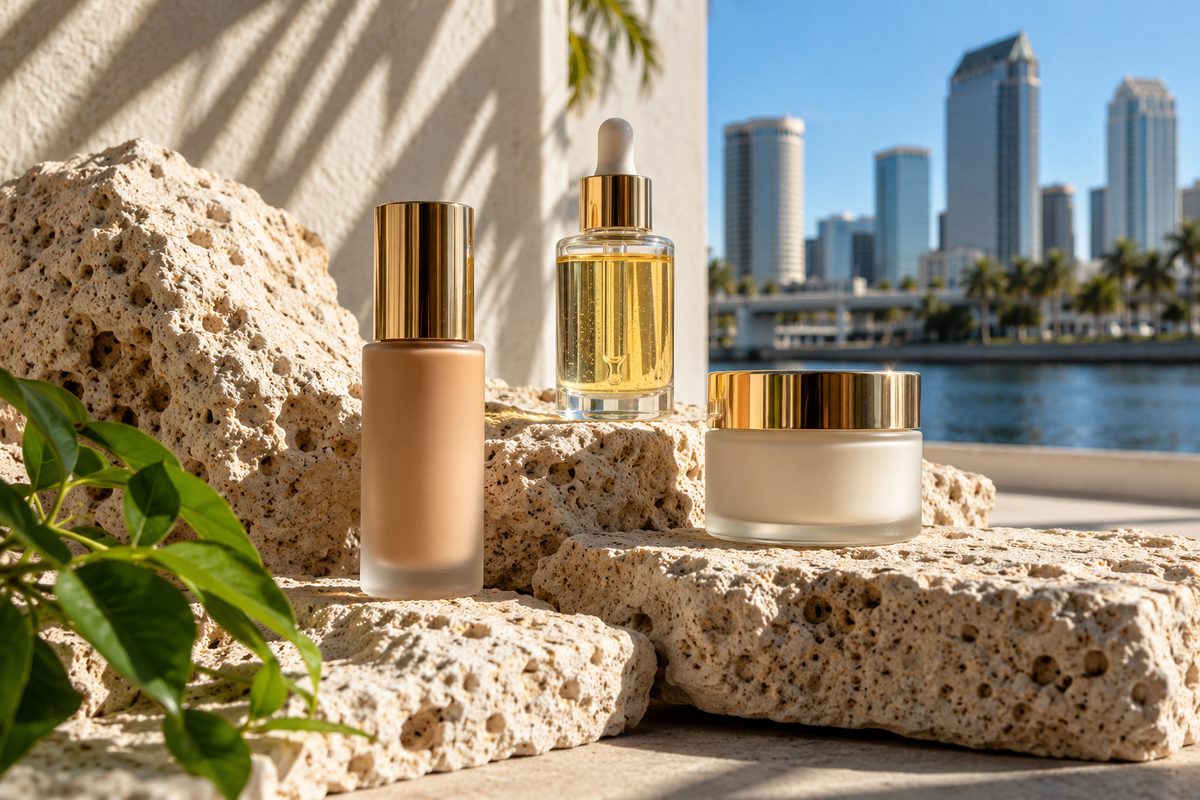 Lightweight fluid skincare formulations displayed on Florida stone in directional daylight
