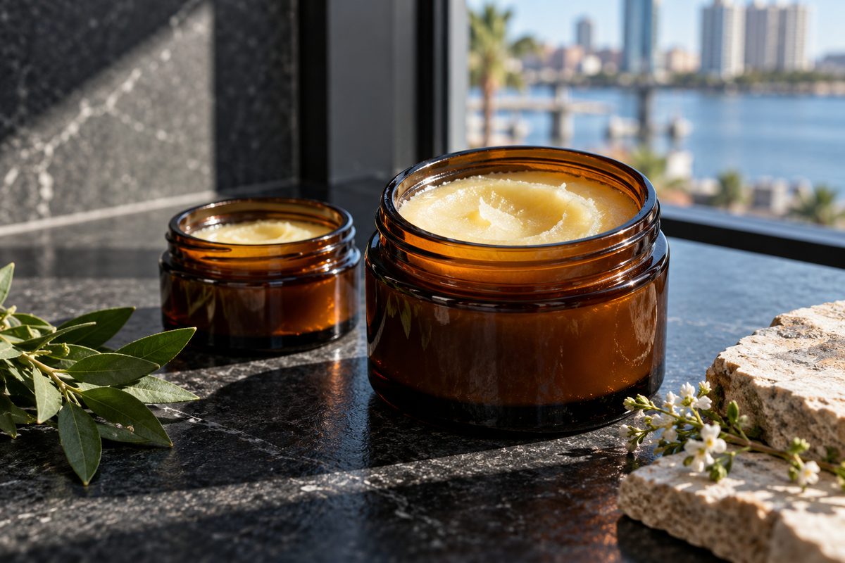 Heavy amber glass jars of winter barrier cream on polished black granite