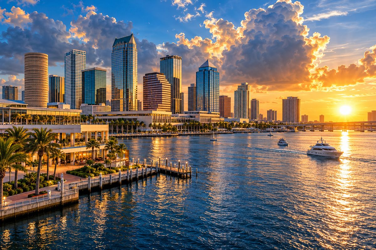 Tampa Bay coastal skyline under high UV sunlight and dramatic subtropical maritime clouds